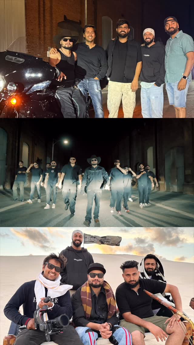 Three frames from a shoot: a group posing beside a motorbike at night, a crew walking down a dark laneway, and a cameraperson filming on a sand dune
